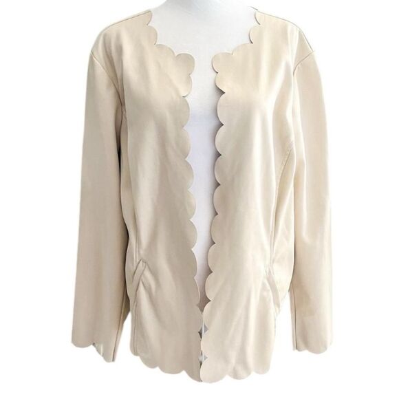 Cream Faux Leather Jacket Chic Cream Scalloped Open Blazer Soft Girl Coquette - Picture 4 of 14
